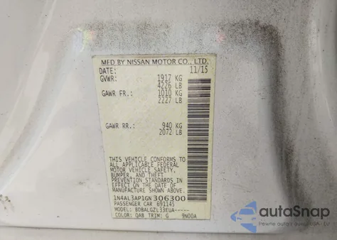 2016 Nissan Altima 2.5/2.5 S/2.5 Sl/2.5 Sr/2.5 Sv z USA, uszkodzony, nr VIN 1N4AL3AP1GN306300